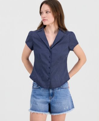 Juniors' Button-Front Printed Cotton Shirt