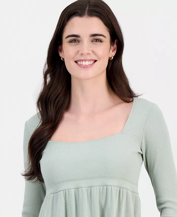 Juniors' Long Sleeve Ribbed Babydoll Top - thumbnail 6