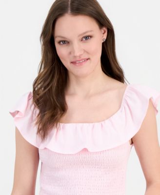Juniors' Ruffled Smocked Scoop-Neck Top