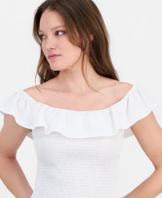 Juniors' Ruffled Smocked Scoop-Neck Top