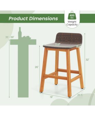 Solid Acacia Wood Bar Stools Set of 2 Rattan Bar Height Patio Chairs for Porch