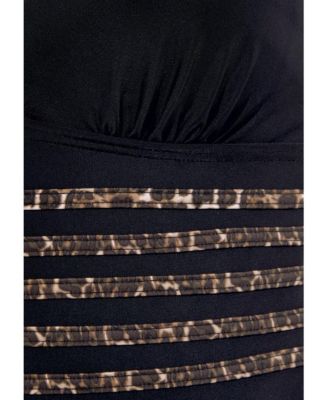 Women's Leopard Cheetah Trim Tummy Control One Piece Swimsuit