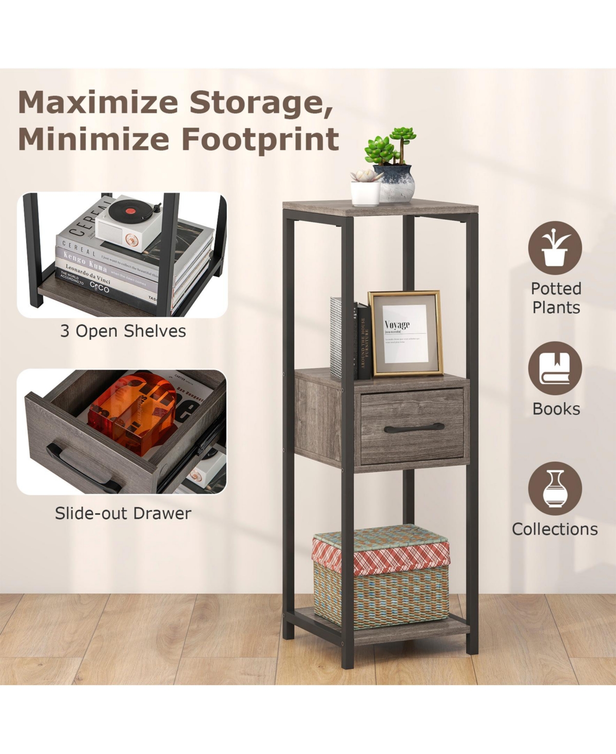 Sugift 2 Pack 3 Tier Tall Metal Plant Stand with Drawer and Display Shelf