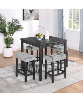 5-Piece Counter Height Dining Table Set with Upholstered Stools, Wood Grain MDF Top and Solid Wood Legs, Space-Saving Table Set