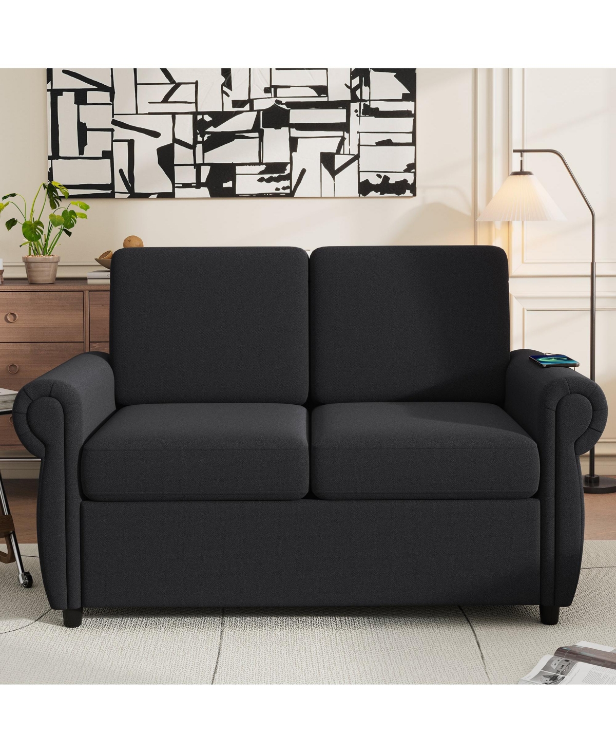 Boyel Living 57.9" Orisfur Pull Out Sofa Bed Loveseat Sleeper with Twin Memory Mattress Two Usb Ports for Room Spaces