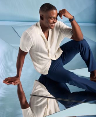 Men's Short-Sleeve Camp-Collar Sweater Button-Front Shirt