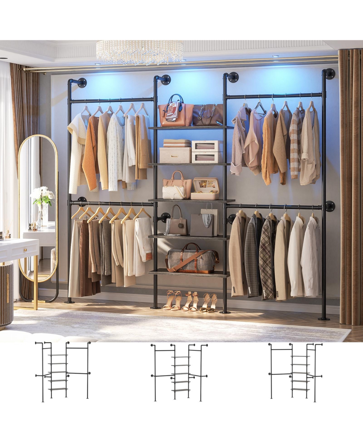 Aheaplus 6.42FT Industrial Metal Pipe Clothing Rack, Reversible Clothes Rack with 5 Shelves and 4 Hanging Rods