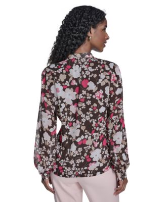 Women's Floral Ruffle Placket Top