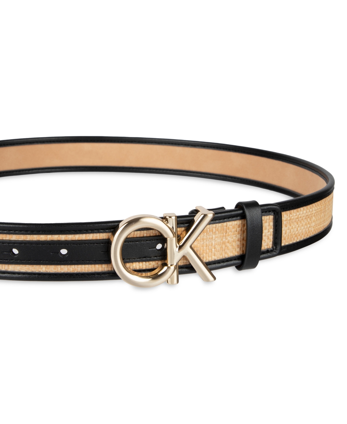 Calvin Klein Women's Woven Inlay Leather Belt with Puff Ck Monogram Buckle
