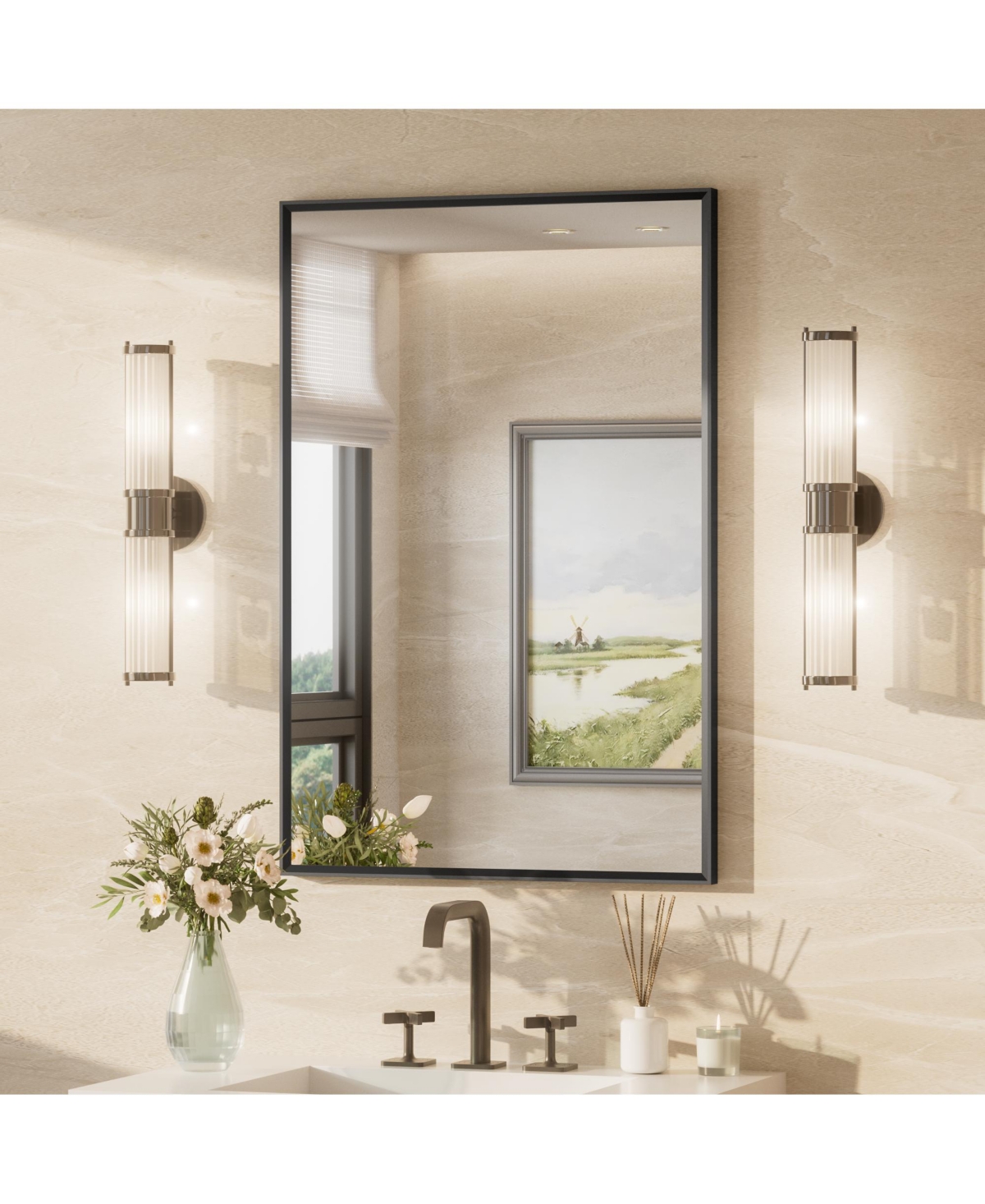 Keonjinn Inch Brushed Black Bathroom Vanity Mirror Metal Framed Over Sink Wall Mirror Horizontal/Vertical