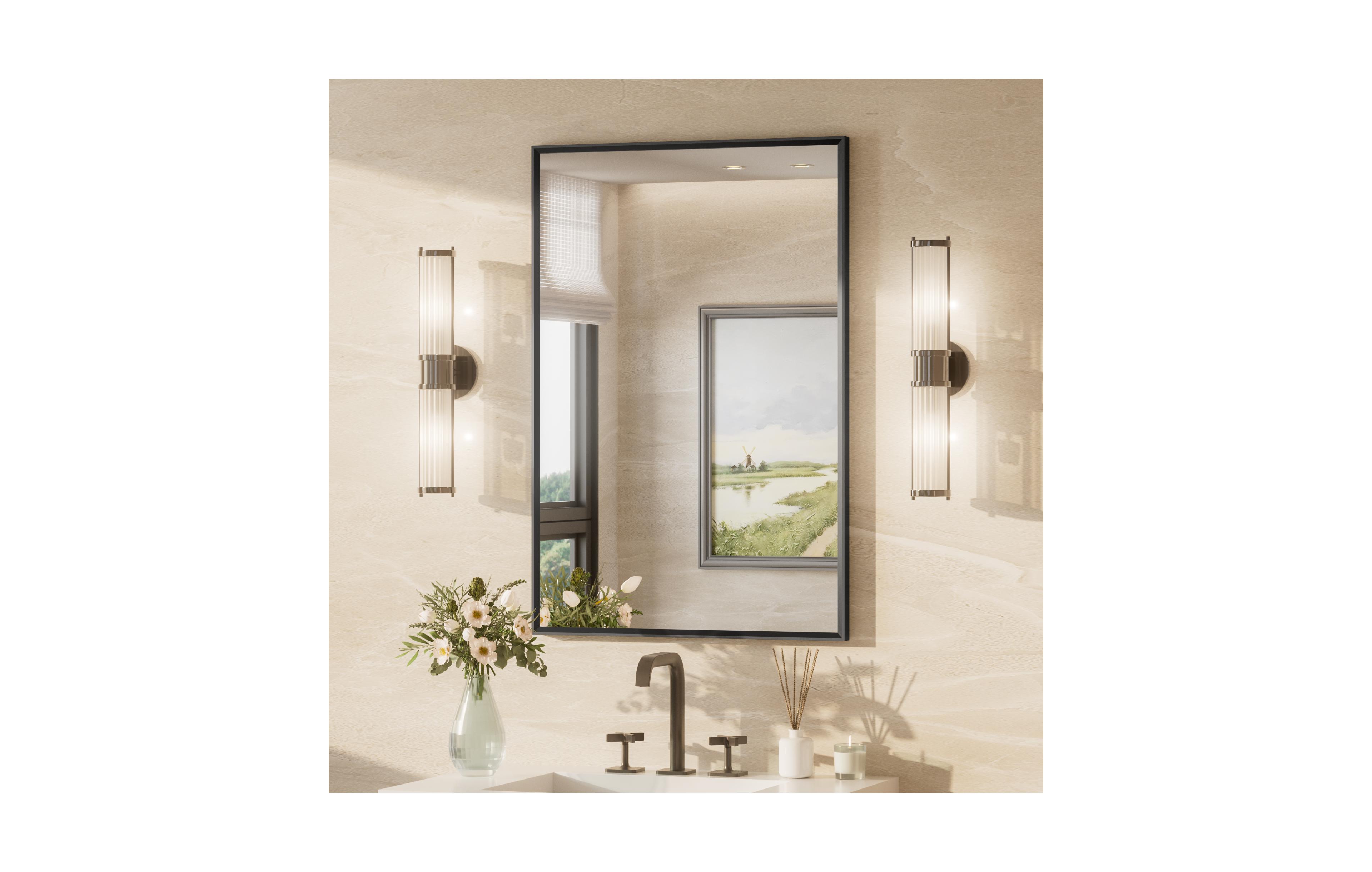 Keonjinn Inch Brushed Black Bathroom Vanity Mirror Metal Framed Over Sink Wall Mirror Horizontal/Vertical