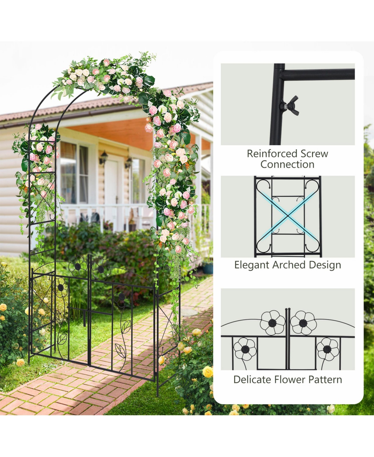 Sugift 2 in 1 Garden Arbor with Door and Latch for Outdoor Lawn-Black