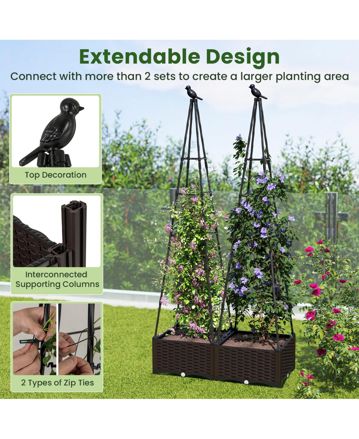 Sugift Raised Garden Bed Adjustable with Plant Box and Trellis with Lockable Wheels