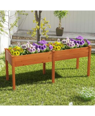 Fir Wood Outdoor Raised Garden Bed with Divider Panel and Drainage Holes-Yellow