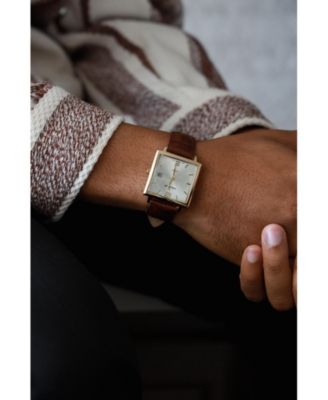 Men's 35mm 14K Gold Plated Square Watch with Brown leather Strap