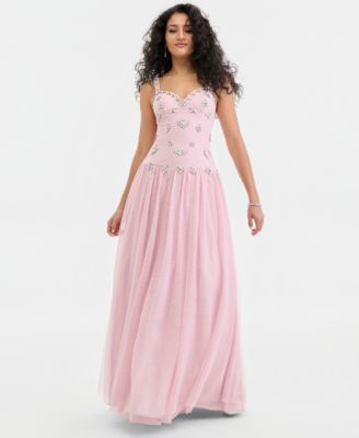 Juniors' Sweetheart-Neck Embellished Mesh Gown 