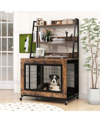 Industrial Dog Kennel Dog Crate Furniture with Storage Shelves-Rustic Brown