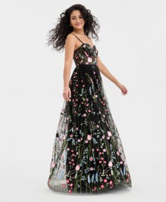 Juniors' Floral Embroidered Mesh Gown, Created for Macy's
