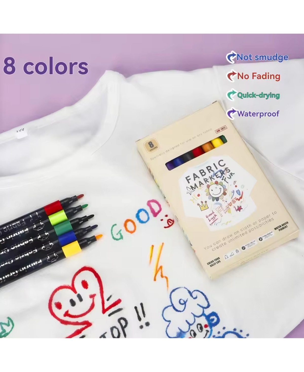 Htutwoo 8 Colors Fabric Marker Set, Waterproof and Colorfast Paint Brush for Permanent Fabric Painting & Diy Projects