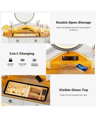 Corner Vanity Desk – Mirror with 3-Color LED Lights and Built-In Charging Station