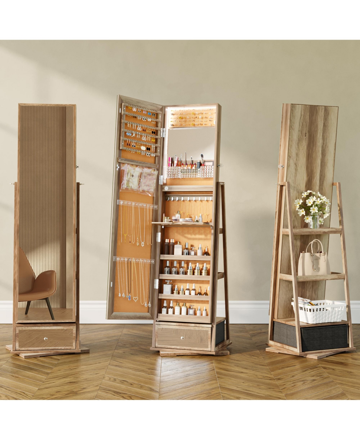 Vlsrka Jewelry freestanding storage mirror cabinet with shelves, built-in lights, and rotating feature.
