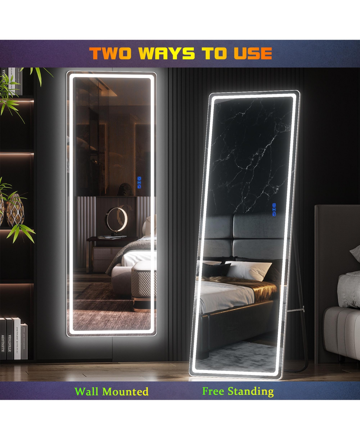 Vlsrka Wall-mounted or freestanding rectangular full-length mirror with adjustable Rgb lighting.