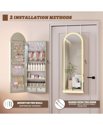 Arched LED Jewelry Cabinet, Full-Length Lighted Mirror with Storage