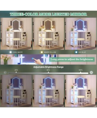Tri-color Light Corner Vanity Desk with Mirror