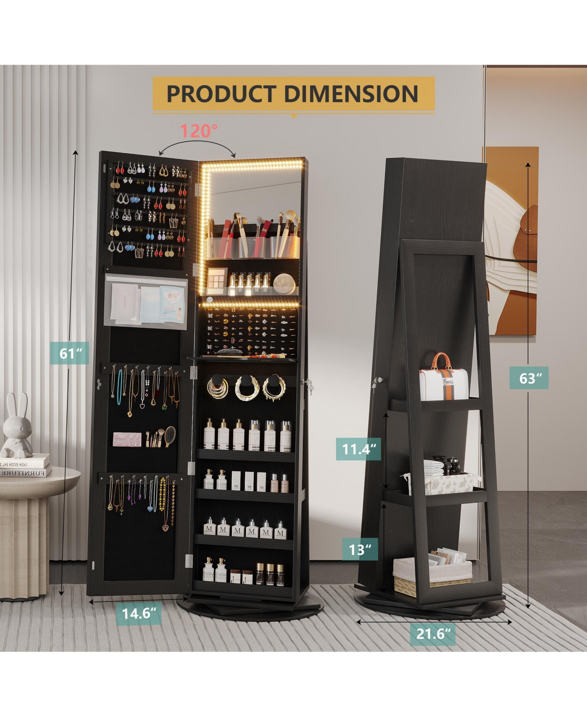 Vlsrka 360° Swivel Jewelry Full-Length Mirror Cabinet with Lights