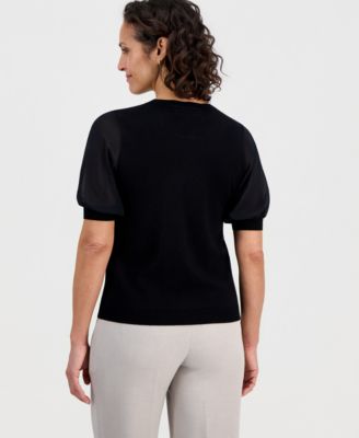 Petite Puffed-Sleeve Mixed-Media Top