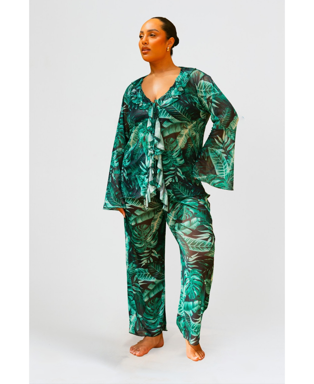 Fashion-szn Curve Women's Palm Print Ruffle Resort Top