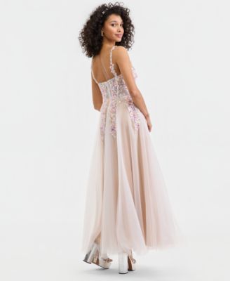 Juniors' 3D-Floral Illusion-Bodice Gown
