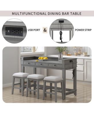 4-Piece Counter Height Dining Set with 3 Upholstered Stools, Storage Drawers & USB Charging for Small Spaces