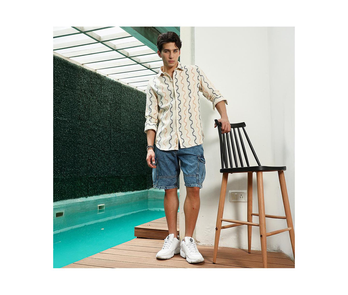 Мужская рубашка Cahoot Campus Sutra Off White Zigzag Pattern Full Sleeve Cotton Blend, цвет: Белый — фото 3