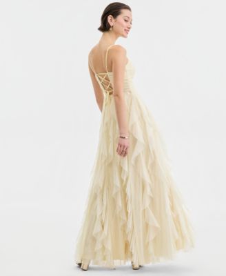 Juniors' Strappy Mesh Petal Ball Gown