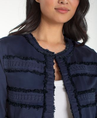 Women's Collarless Jacket with Fray and Lace Detail