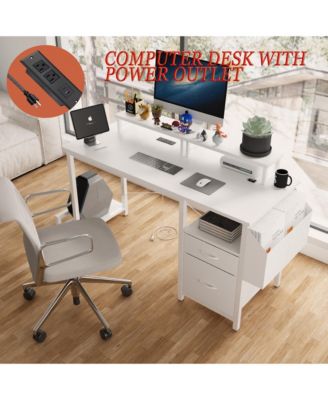 47" Office Desk with Power Outlet, 2 Monitor Stands, 2 Drawers, Side Pocket, Frame Stability Reversible, Computer Desk, Game Table