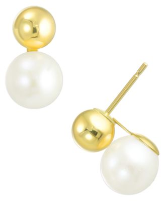 Cultured Freshwater Pearl and Gold Ball Stud Earrings In 10k Yellow Gold