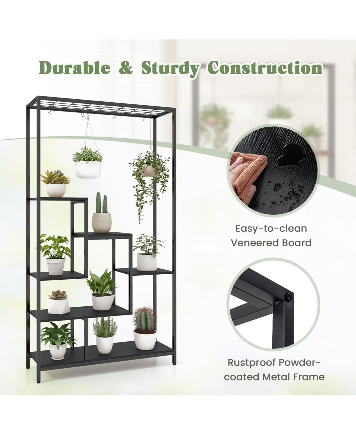 Sugift 6-Tier Tall Plant Stand 71 Inch Metal Indoor Plant Shelf with 10 Hanging Hooks-Black
