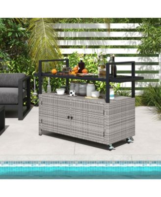 Outdoor Bar Cart Wicker Buffet Serving Cart with Cabinet and 8 Hooks