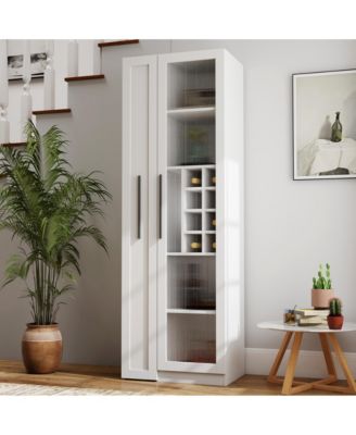 Kitchen Pantry Cabinet with Glass Doors and Pull-Out Multi-Tier Shelves, Storage Organizer for Kitchen and Bar
