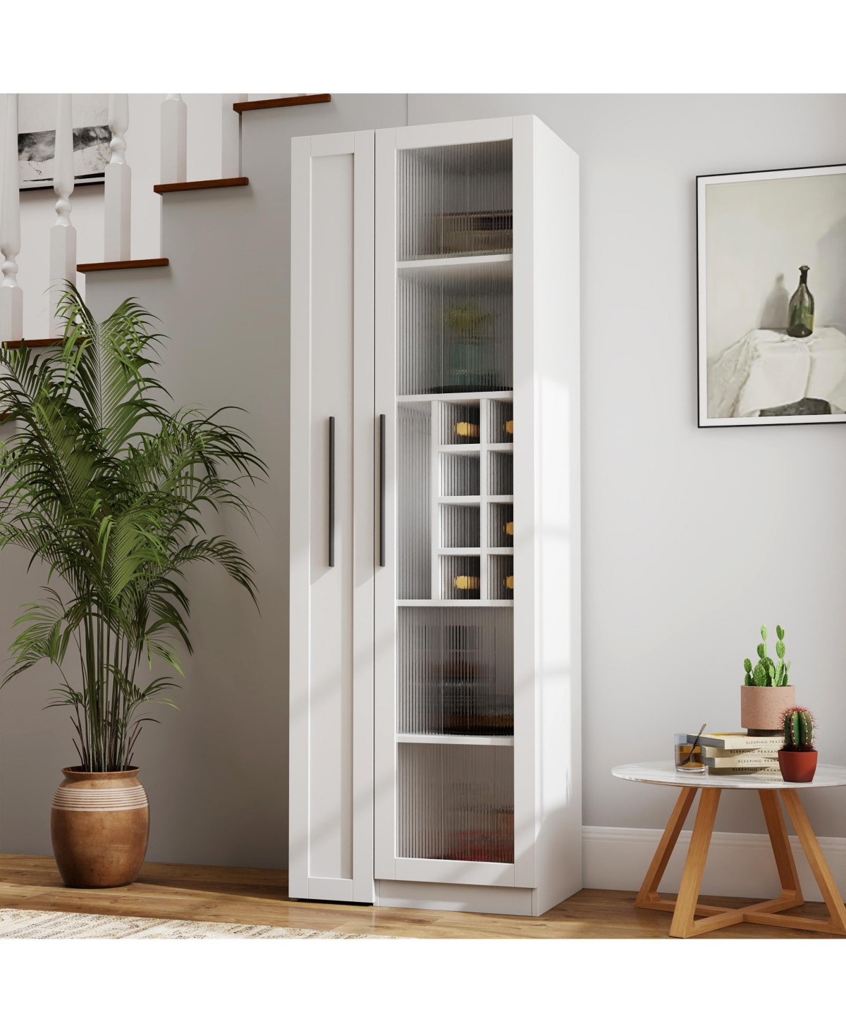 Casainc Kitchen Pantry Cabinet with Glass Doors and Pull-Out Multi-Tier Shelves, Storage Organizer for Kitchen and Bar
