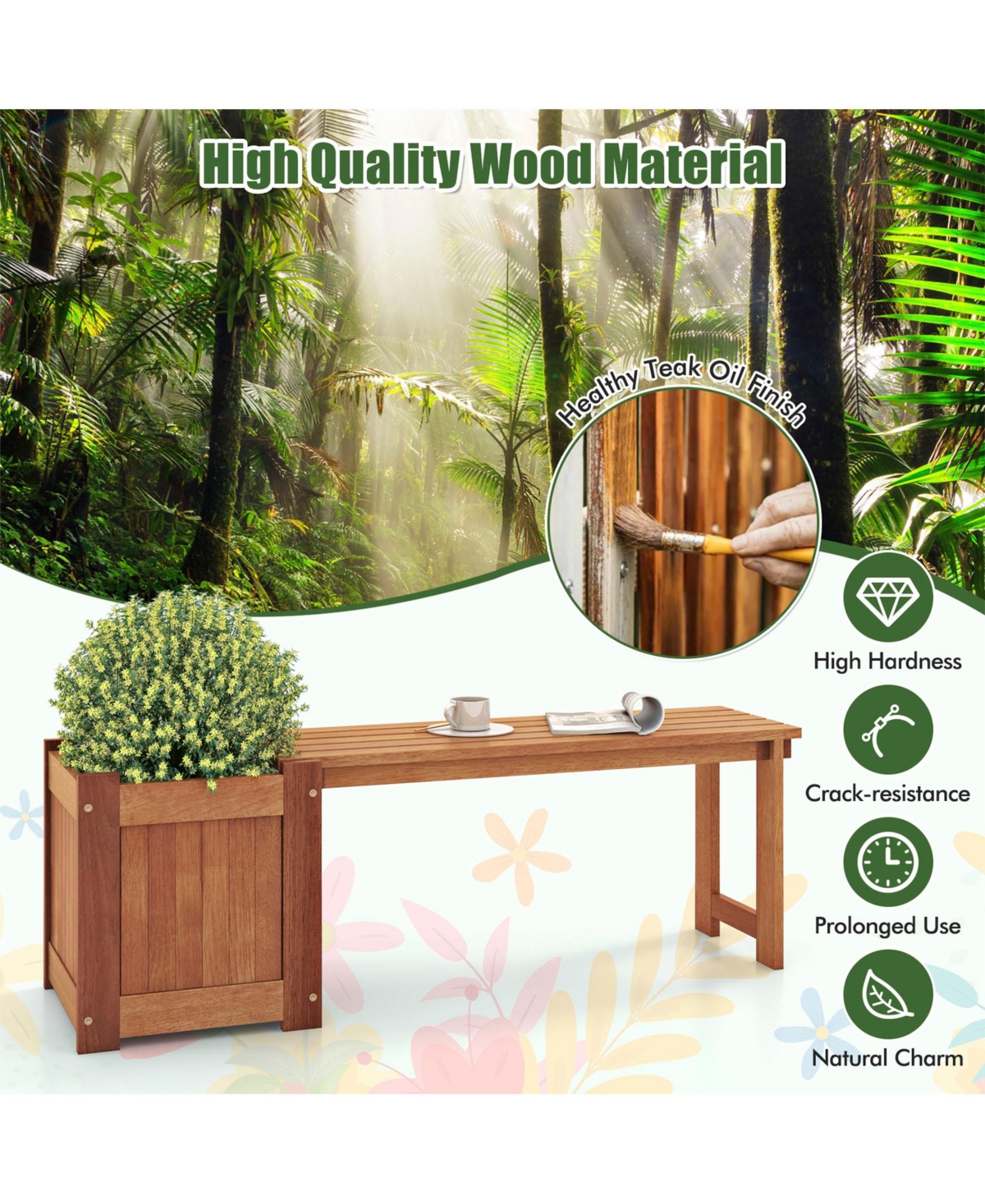 Sugift Teak Oil Finish Raised Garden Bed Wood Planter Box with Bench