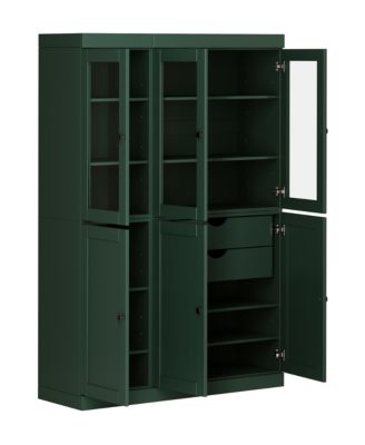 100% Solid Wood Pantry Cabinet, Shaker & Clear Glass Doors, 2 Drawers, Adjustable Shelves, 48.5" Wide, 71.5" Tall