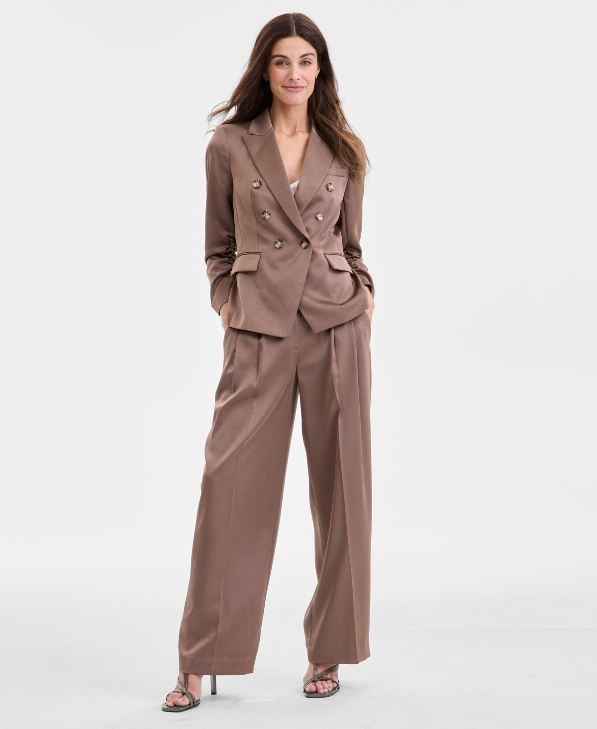 Tahari Asl Women's Matte Satin Double-Breasted Scrunch-Sleeve Jacket