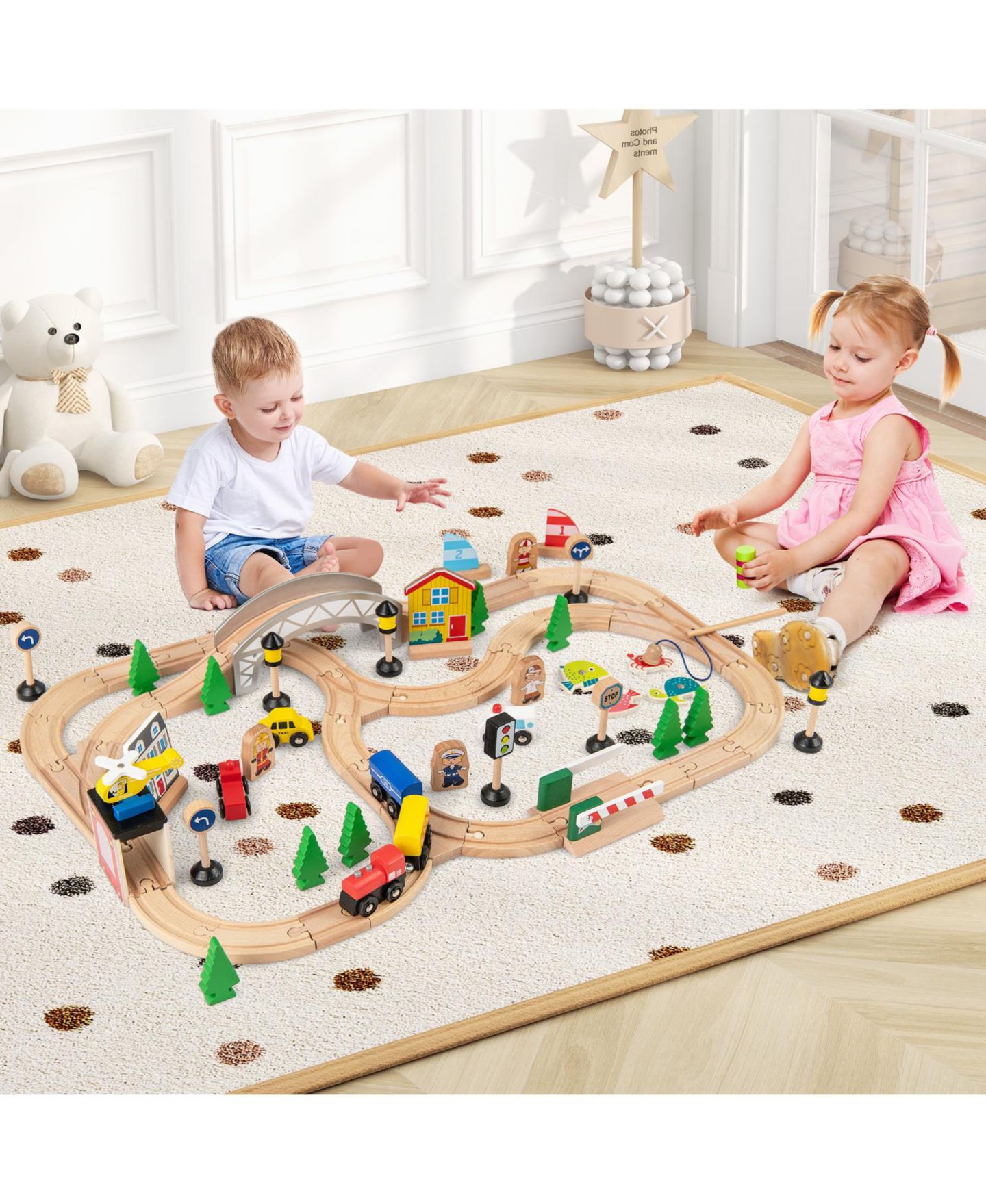 Детский игровой набор HONGGE 78-Piece Wooden Railway Train Playset, цвет: Натуральный — фото 9