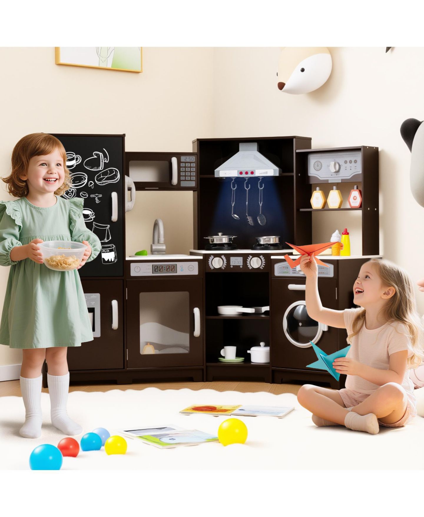 Детские игрушки SKONYON Wooden Corner Multi-Piece Play Kitchen Set with Lights and Sounds, Ages 3+, цвет: Коричневый — фото 3