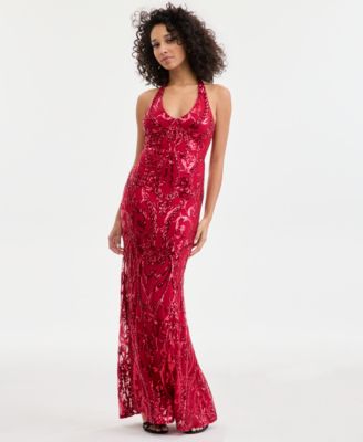 Juniors' Sequined Halter-Neck Evening Gown