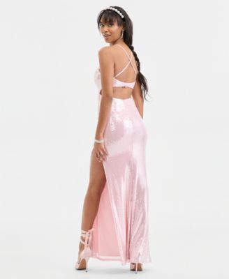Juniors' Sequin Sweetheart Open-Back Gown