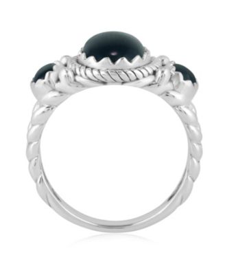 Sterling Silver Black Agate 3-Stone Ring, Sizes 5 to 11